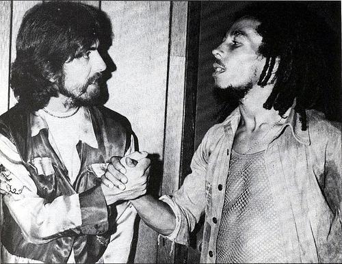 George Harrison & Bob Marley meeting backstage in the Rocy, 1975.